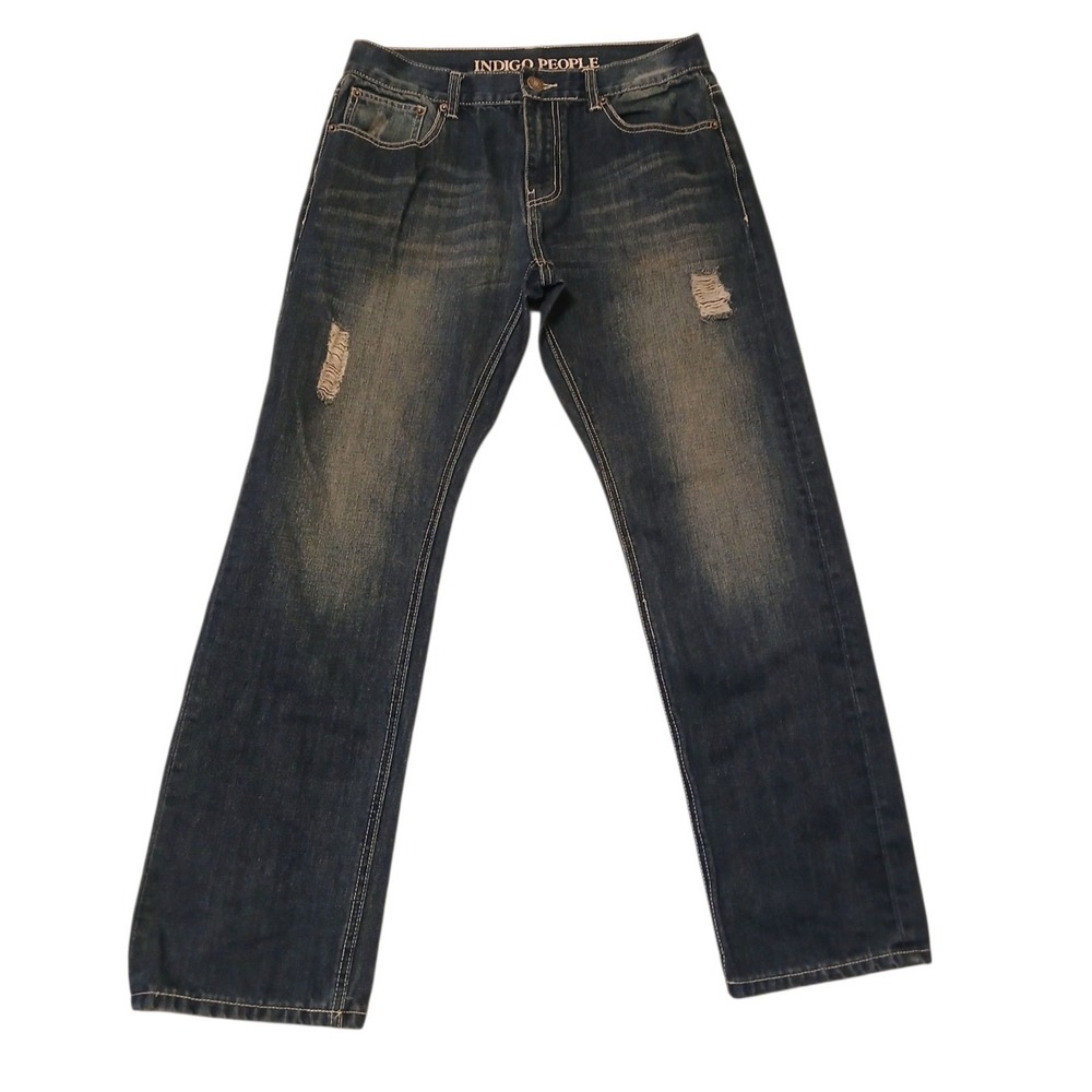 Indigo People Men's Jeans 32x30 Blue Distressed Straight Leg Denim Pants Embroid